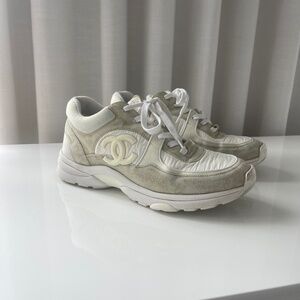 Chanel White Suede Panelled Sneakers with Dust Bag